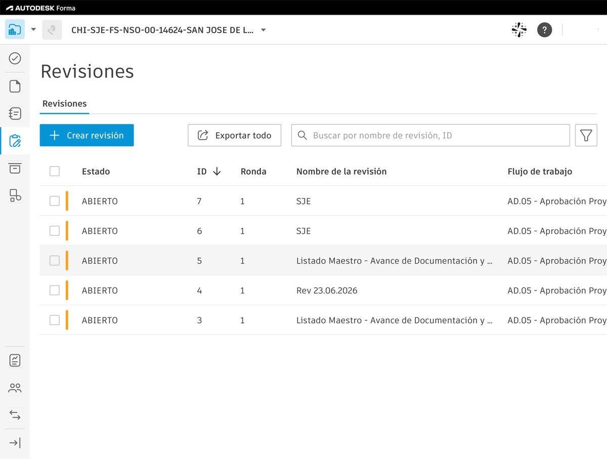 Listado de revisiones abiertas del proyecto con su estado, identificador, ronda, nombre de la revisión y flujo de trabajo de aprobación asociado