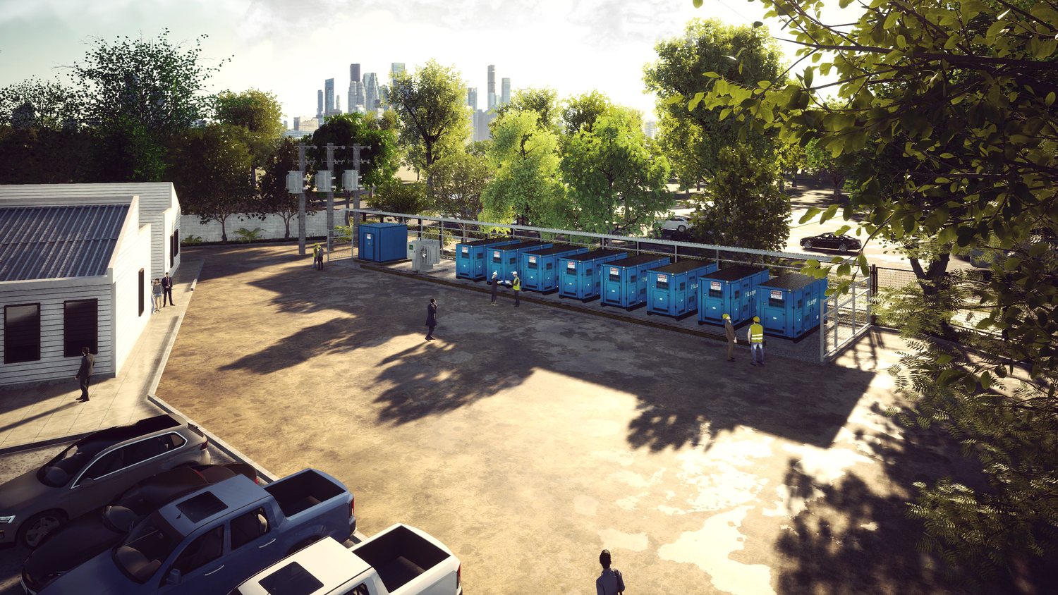 Representación digital de una planta de centrales diesel: grupos electrógenos alineados bajo estructura metálica, sala de control y entorno urbano
