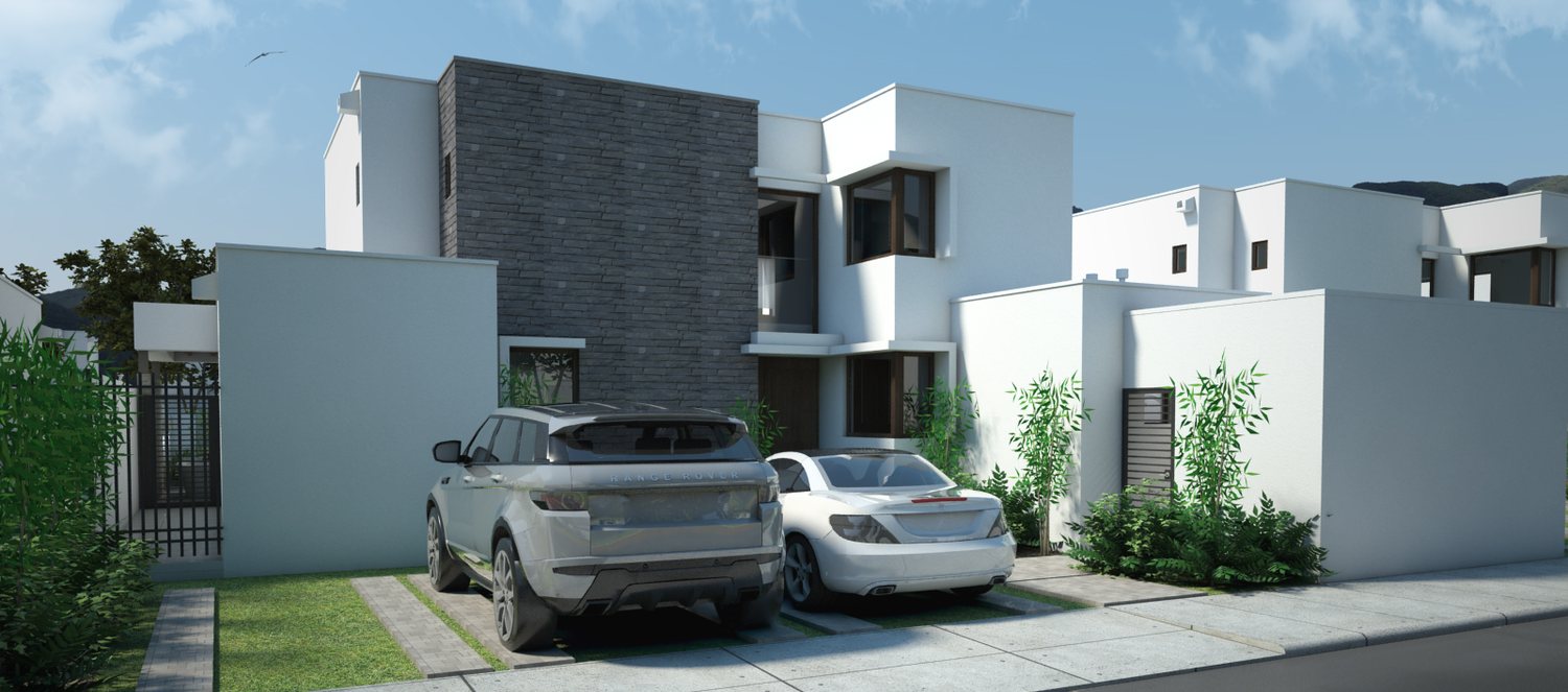 Render de la fachada de una vivienda tipo del conjunto residencial de Chicureo, con acceso vehicular y muros perimetrales