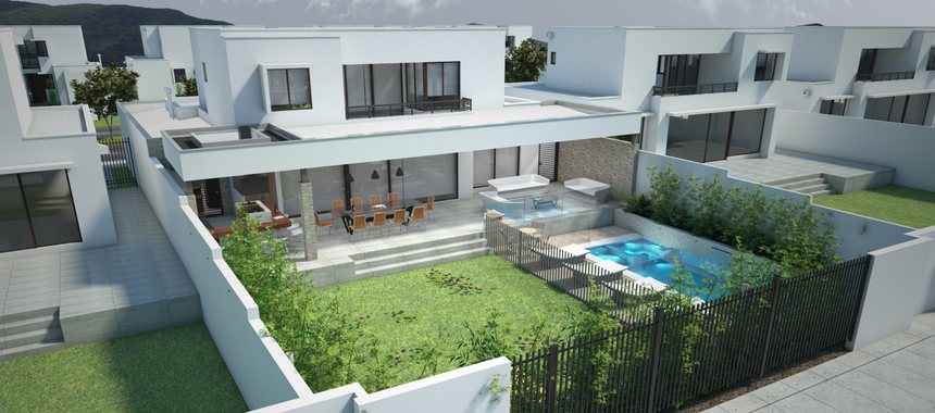 Render de la fachada posterior de la vivienda: terraza, jardín y piscina, con las viviendas contiguas del conjunto