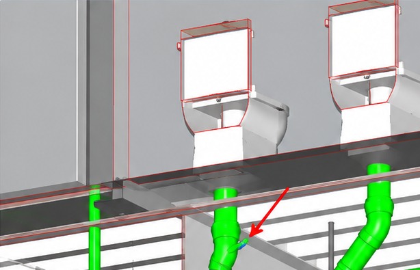 Vista del modelo BIM: tubería sanitaria que interfiere con una viga metálica en el sector de camarines del edificio Travel