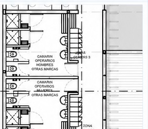 Planta de arquitectura con los recintos de camarines de operarios y la ubicación de los artefactos sanitarios